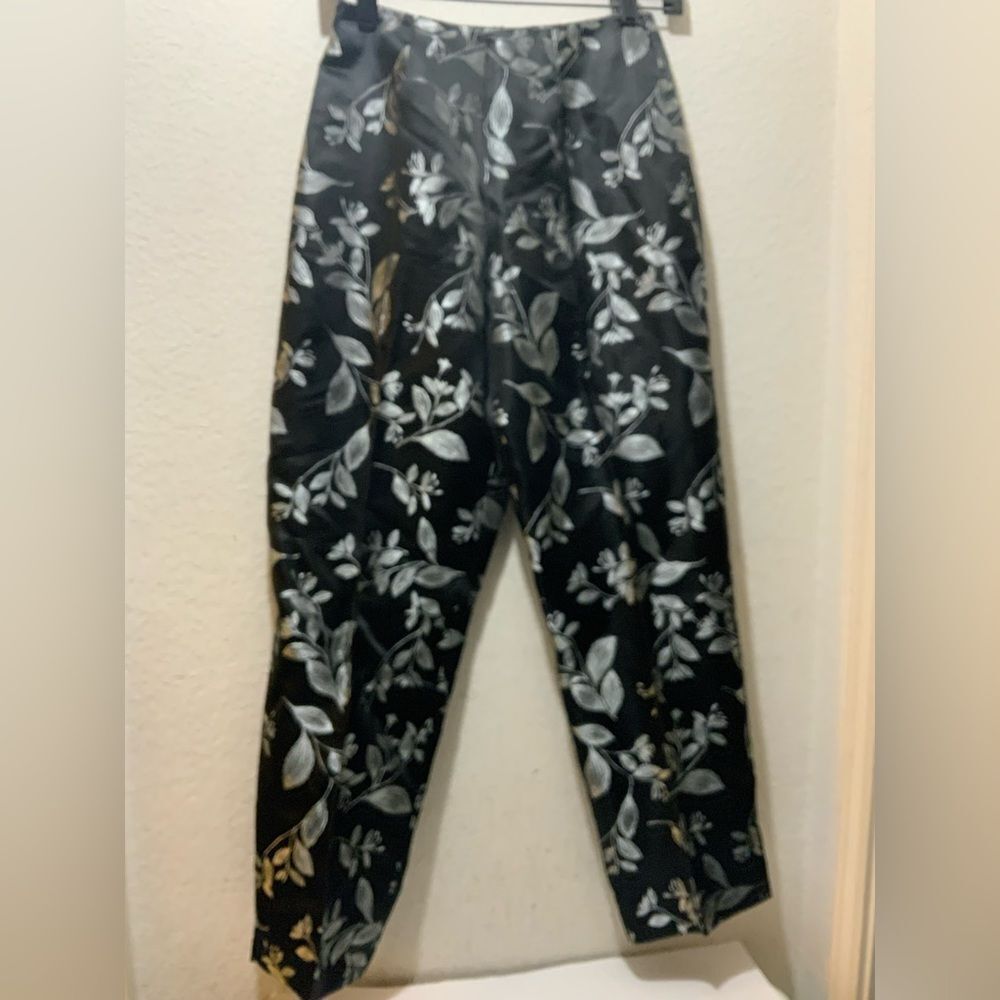 Sigrid Olsen Rayon Silk Parisian Pants Black Silver Florals 6